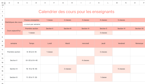 Calendrier des cours pour les enseignants